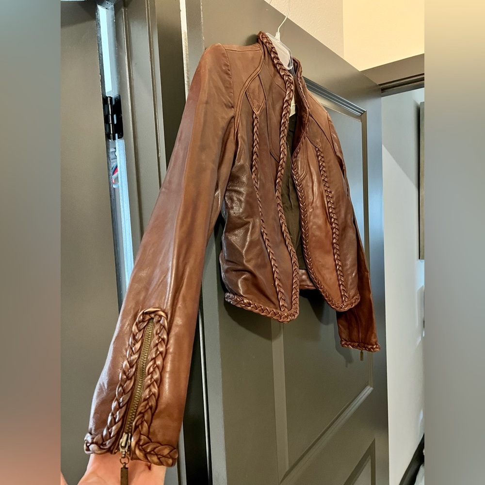 Maroon Mike Gonzalez leather jacket with braid detail